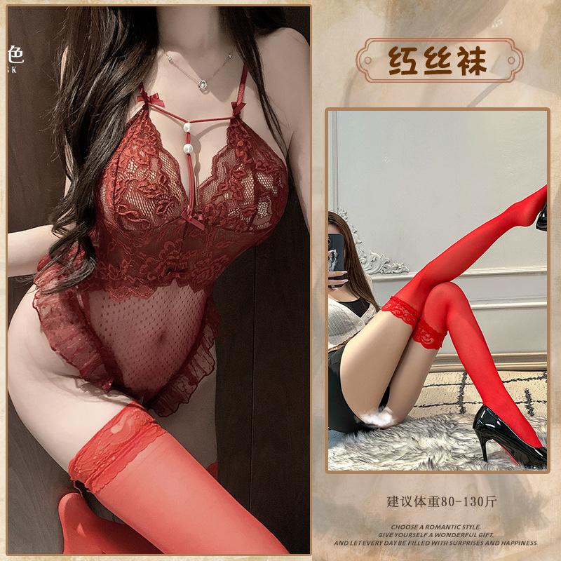 Suspender Sexy Lace Mesh Perspective Seduction Deep V Lace Hollow Sex Uniform