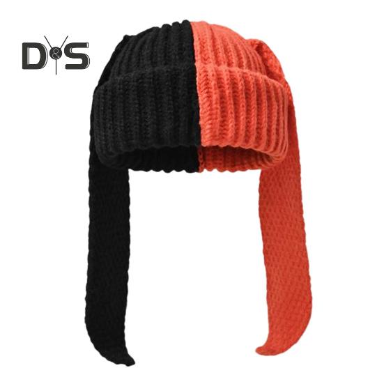 

Зимова в язана шапка Довга кроликова вушка Декор Контрастний колір Унісекс Товстий Теплий Висока еластичність Вітрозахисний головний убір Кепка для холодної погоди для катання на лижах і чорний/помаранчевий