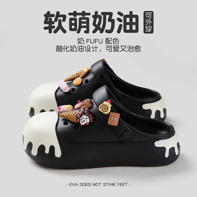 Cream Hole Shoes Women's Summer Color Matching DIY Ice Cream Beach Shoes Bag Head Wearing Fashion Slippers Women