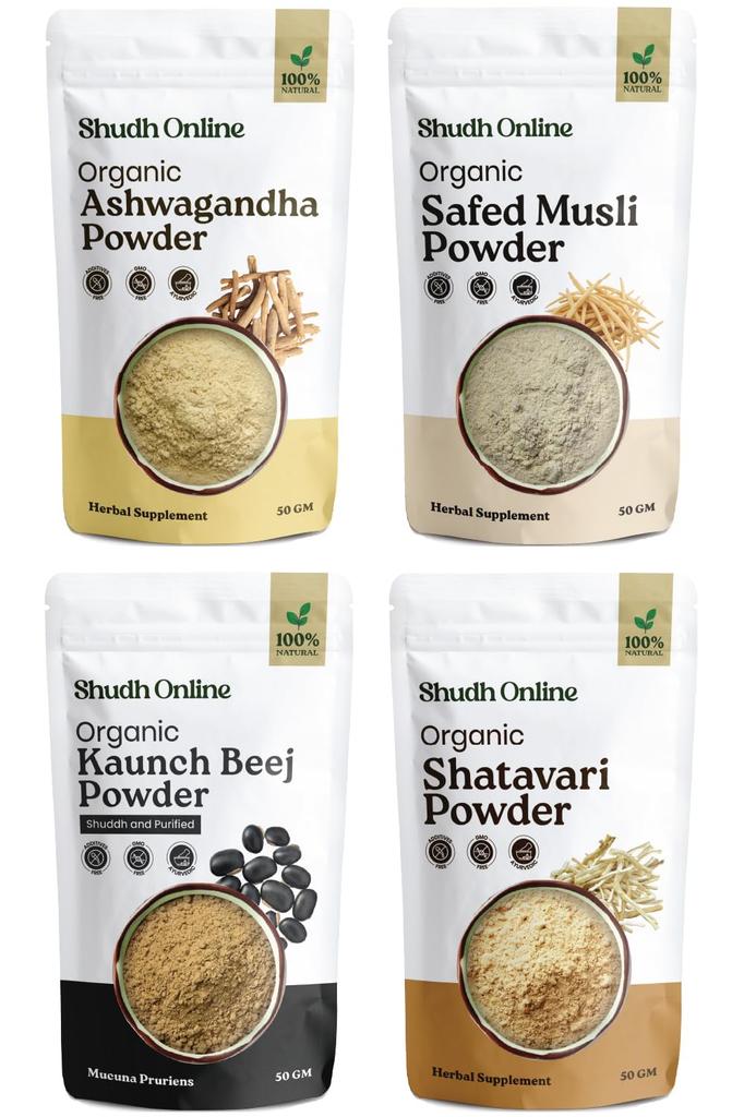 Shudh Online Safed Musli, Ashwagandha, Kaunch, Shatavari Proszek Kombinacja (Zestaw 100 gram x 4)