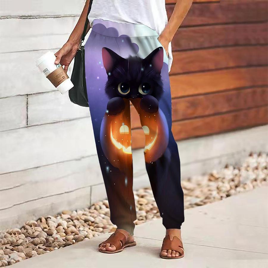 Women Cat Printing Pants Lace Up Elastic Waist Loose  Trousers Casual Long Pants Trousers with Pockets