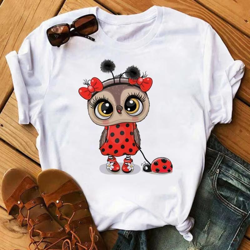 

Cartoon Owl Printed Pure Cotton Tshirt with Cute Pattern for Unisex and Women Casual Round Neck Harajuku Style Short Sleeved Shirt 3XL
