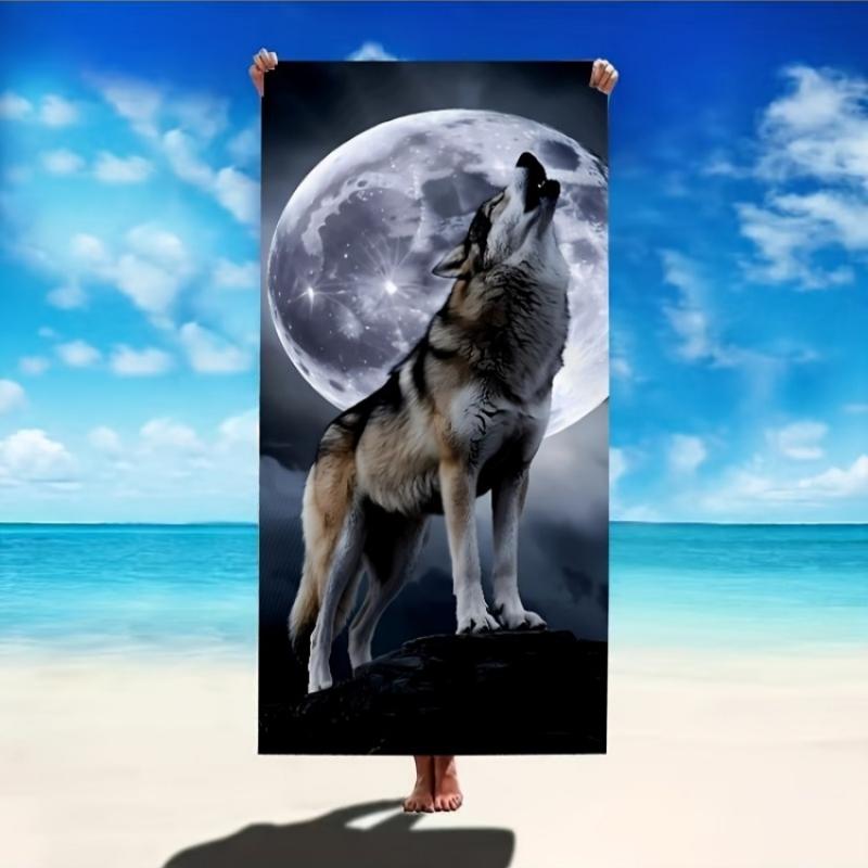 Howling Wolf Beach Towel, Moon Night Print, Realistic Animal Design, Quick Dry Microfiber, Sand Free, Perfect for Summer Travel W30*H60(CM)