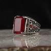 Vintage Handmade Signet Ring Men's Vintage Silver Carved Pattern Inlay Red Zircon Party Punk Biker Ring