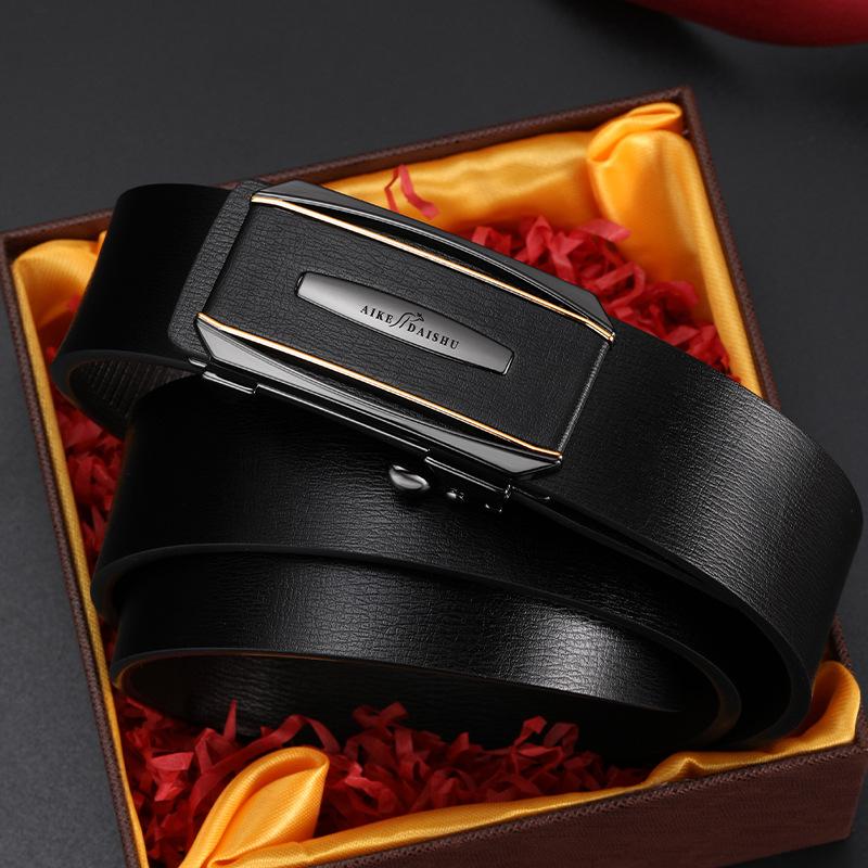Men's Belt Genuine Leather Inner Wear Automatic Buckle Business Cowhide Belt Middle Aged and Young Trendy Casual Versatile Trousers Belt Men