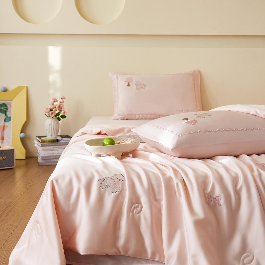 A-Class Tencel Embroidered Summer Quilt 4-Piece Set: Silky, Skin-Friendly, Antibacterial, Mite-Proof, Machine Washable.
