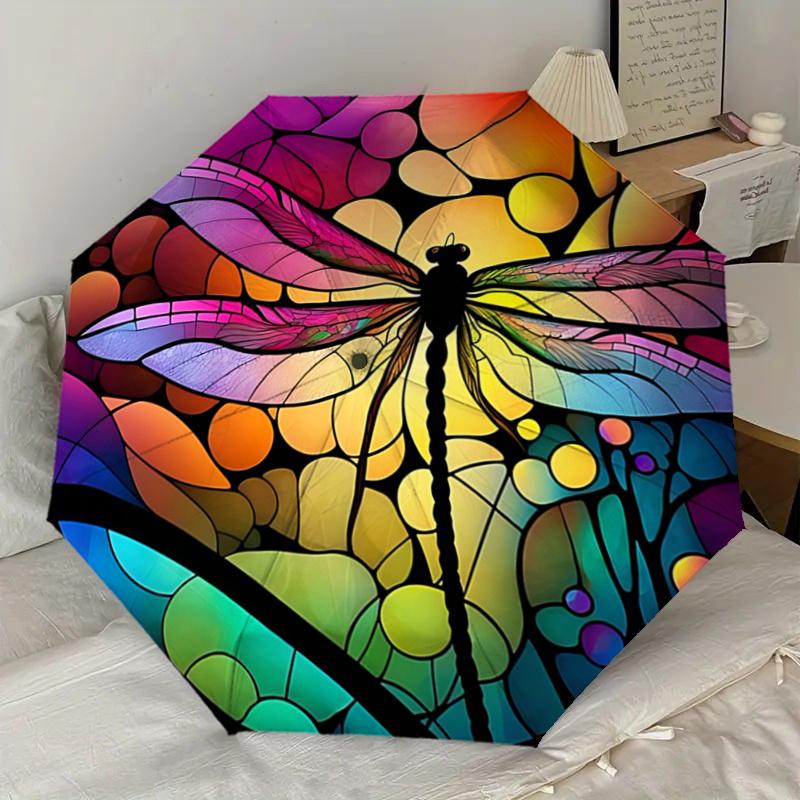 Colorful Stained Dragonfly Design Automatic Opening/Closing Umbrella with Foldable Design,, Travelers, Daily Use, Festive Gift1121011a