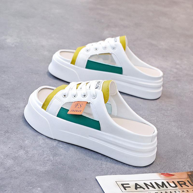 Women's Summer Half-toed White Casual Shoes Thick Soled Heightened Lazy Slip On Breathable Outdoor Sneakers