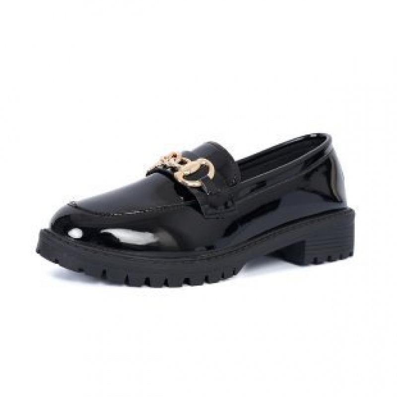 British style small leather shoes spring and autumn new thick heel round head metal buckle platform shoes large size
