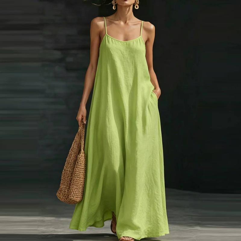 Women's Loose Fit Sleeveless Maxi Dress Casual Spaghetti Strap Long Sundress with Pockets for Summer Beach Holiday