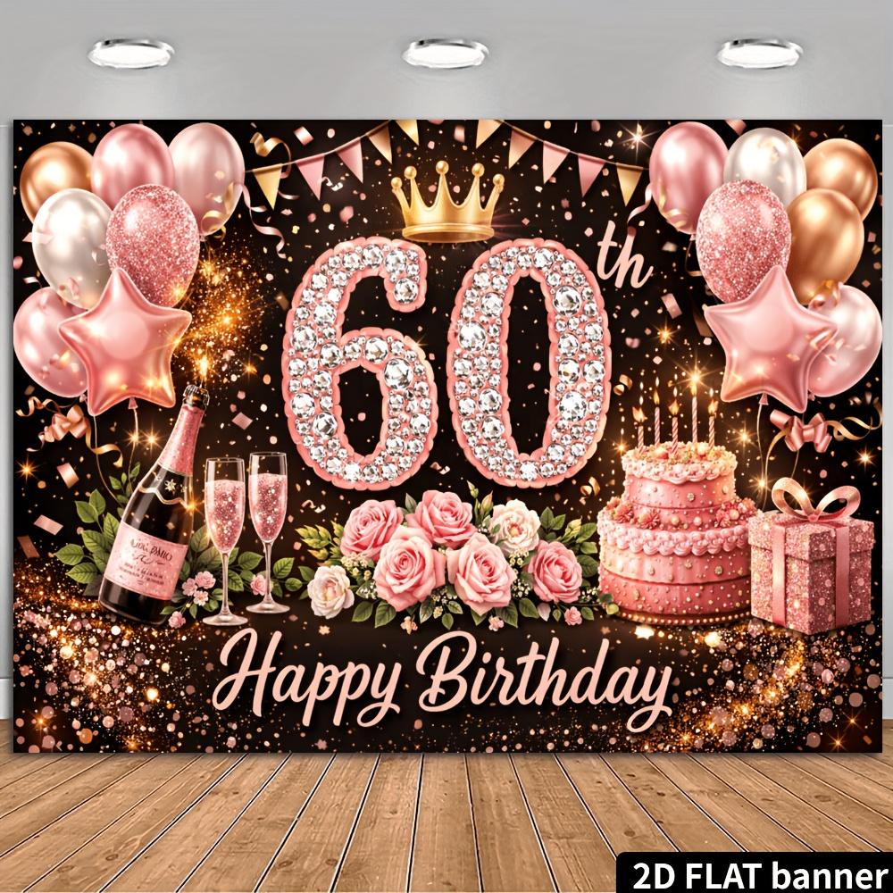 60th Birthday Party Banner Backdrop, Rose Gold Rhinestone 60 Crown Balloon Champagne Rose Cake, Polyester, Party Decor