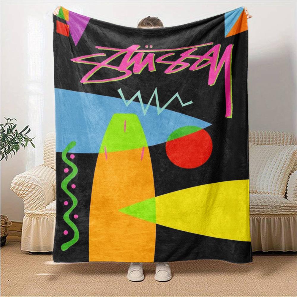 Bowler Hat Skull Signature Logo Flannel Blanket, Black White Skeleton Street Art Soft Throw Blanket