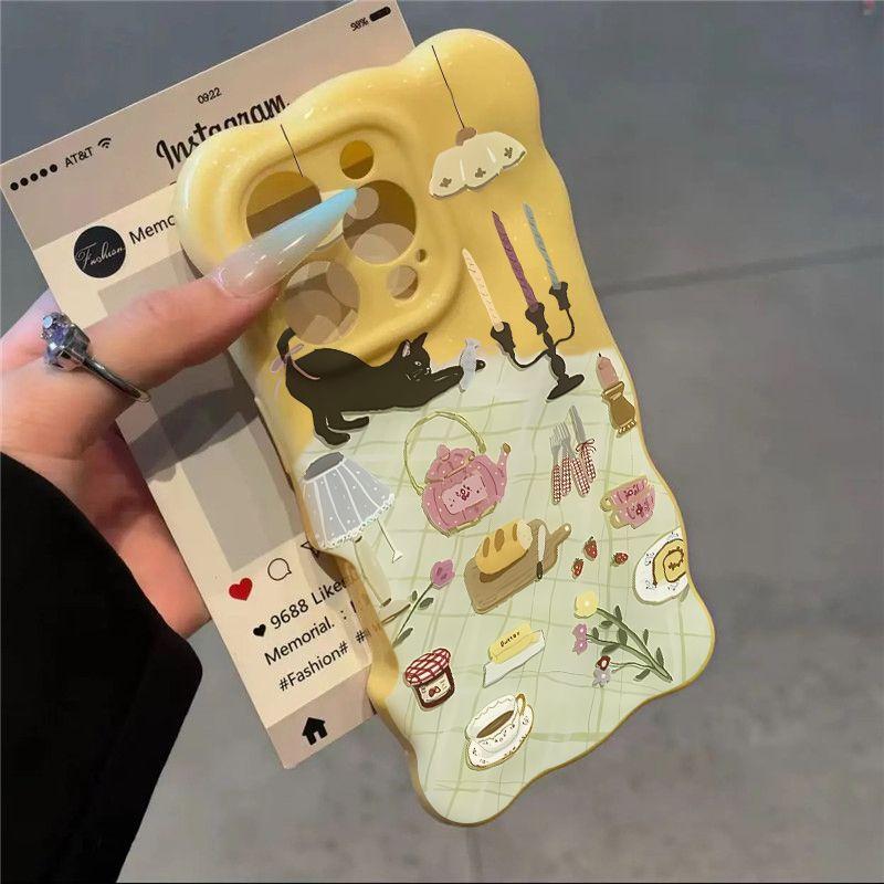 Afternoon tea black cat illustration applies to Apple 17 Wave Cloud 16Pro mobile phone case 14/15 three-dimensional 12 girl 13