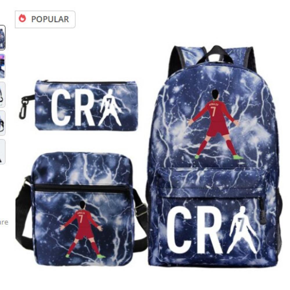 CR7C Luo Backpack Sports Peripheral Printed Backpack Children's Student School Bag Shoulder Bag Pencil Bag Three-piece Set