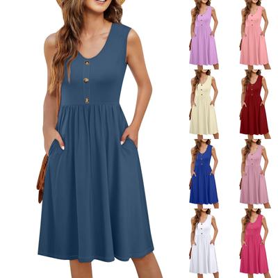 Women's Casual Fashion Sexy V-neck Button Decoration Sleeveless Solid Color Waist Dress