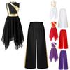 Girls Liturgical Praise Lyrical Dance Outfit Metallic Patchwork Sleeveless Asymmetrical Hem Dress Wide Leg Pants Set