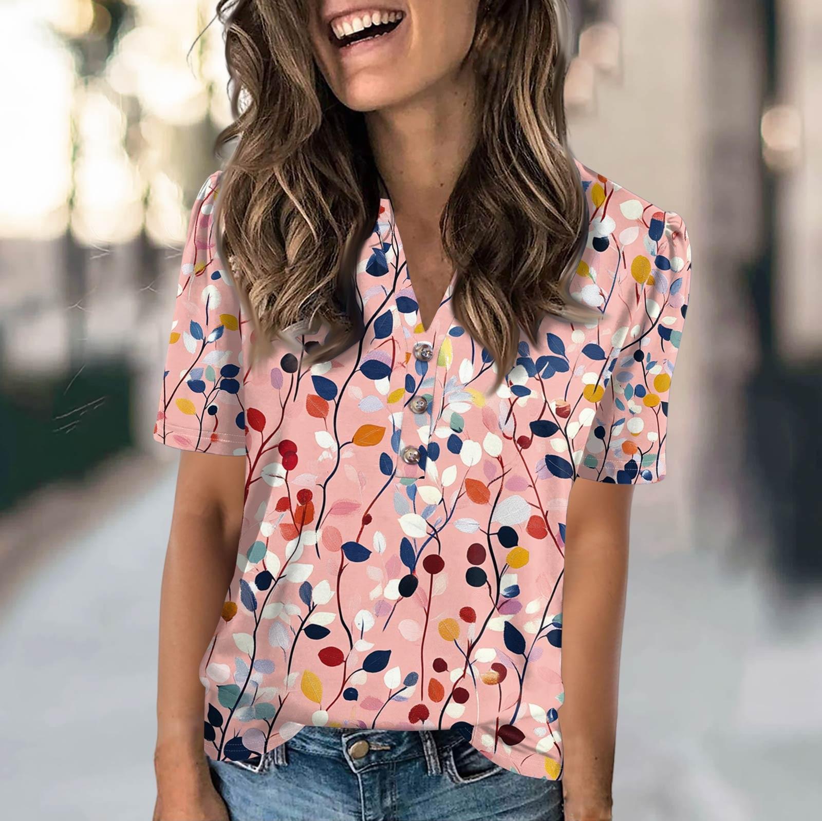 

Женская модная повседневная футболка с полосатым принтом и V-образным вырезом, коротким рукавом, на пуговицах M розовый