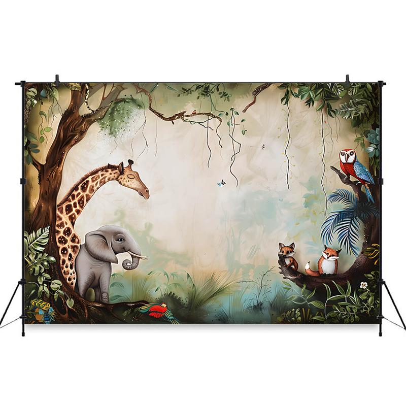 Mocsicka Jungle Backdrop Forest Green Leaves Animal Giraffe Elephant Owl Fox Happy Birthday Decor Background Studio Party Banner Cotton-150x100cm