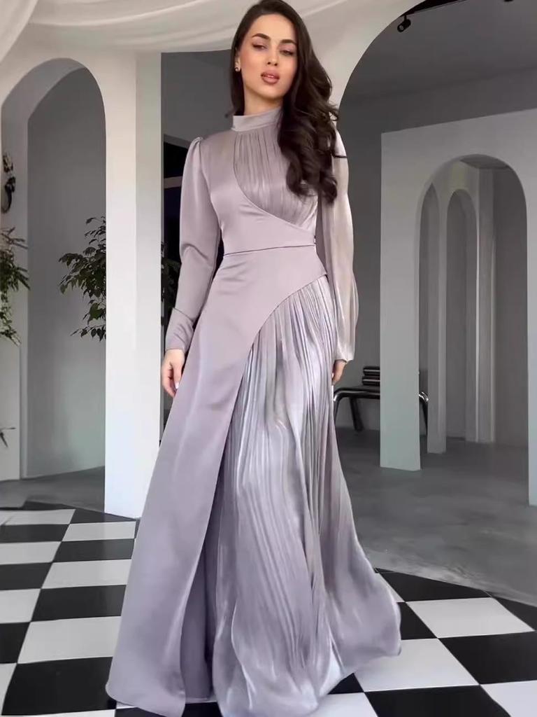 2024 Autumn/Winter Women's European Retro Color Block Slimming Long Sleeve Evening Dress