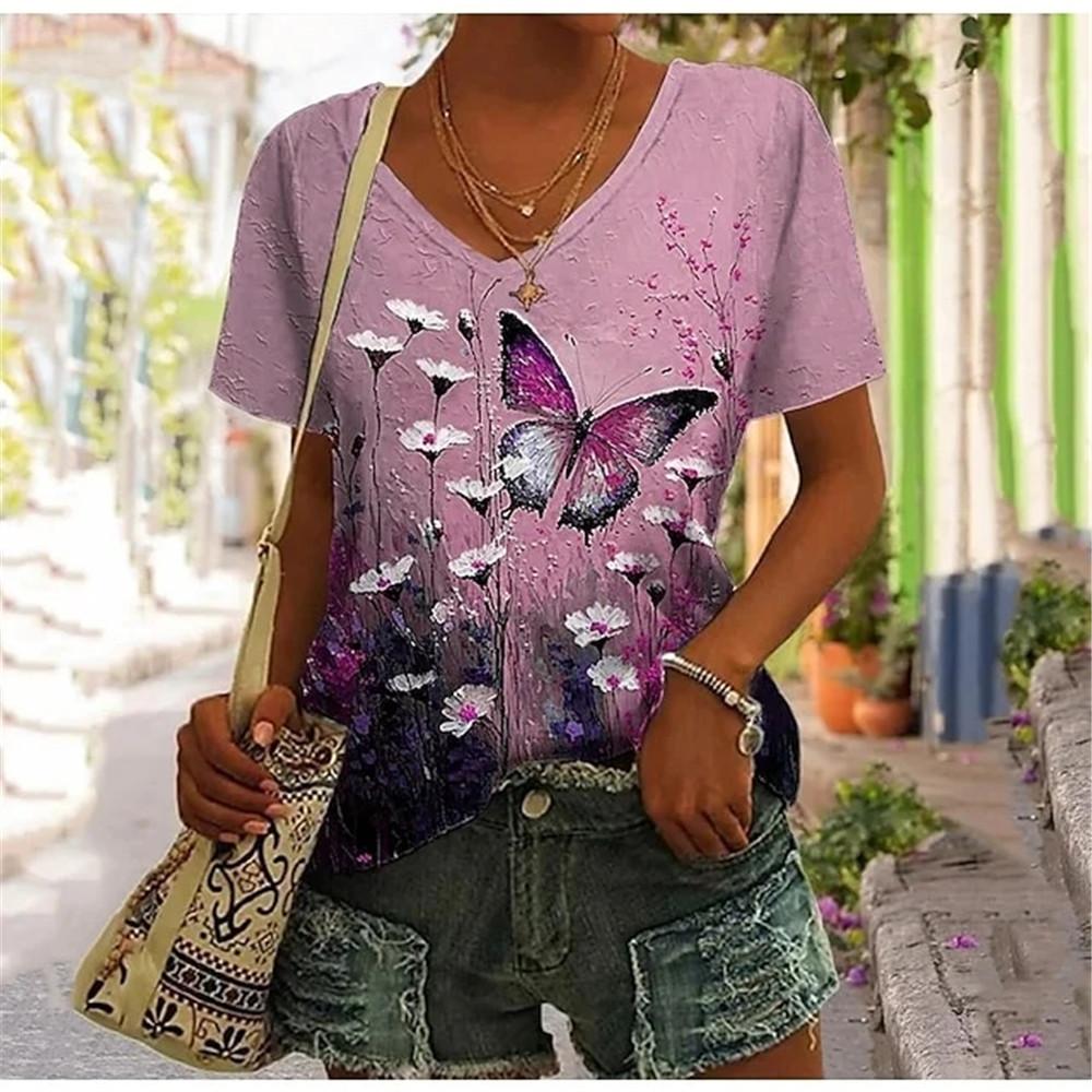 Abstract Oil Painting Floral 3D Print Summer Letter Fashion Women T-shirt Short Sleeve Everyday Tops T-shirt Harajuku Vintage