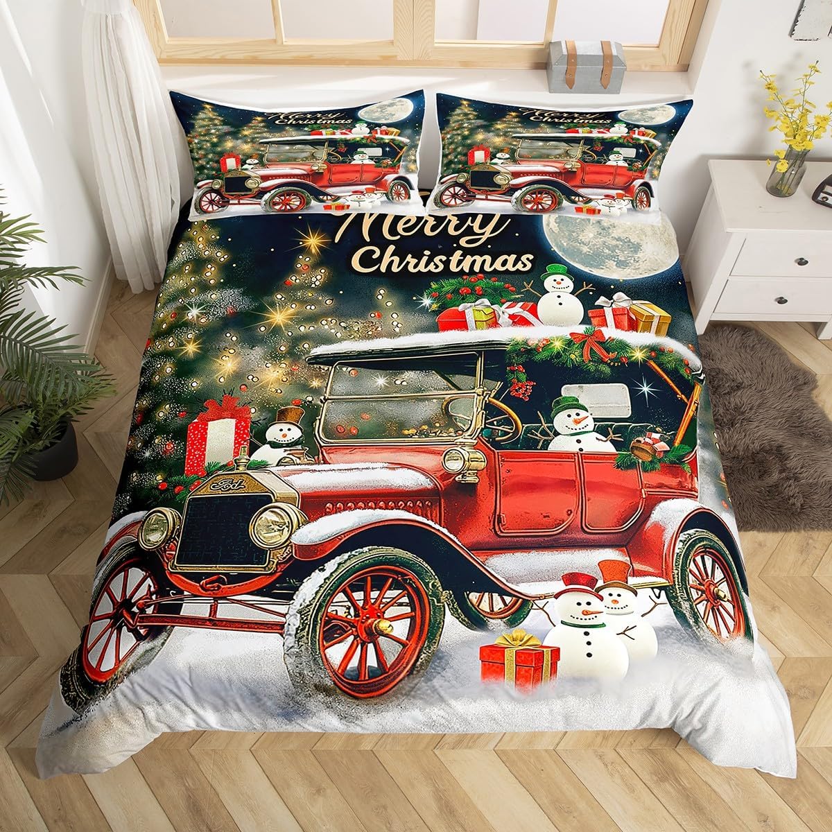 

Рождественский набор постельного белья Сани Размер King Size Пододеяльник 3D Постельное белье Цифровой печатный Комплект покрывал на одеяло Рождественская тематика 3 предмета EU Single(135x200cm)