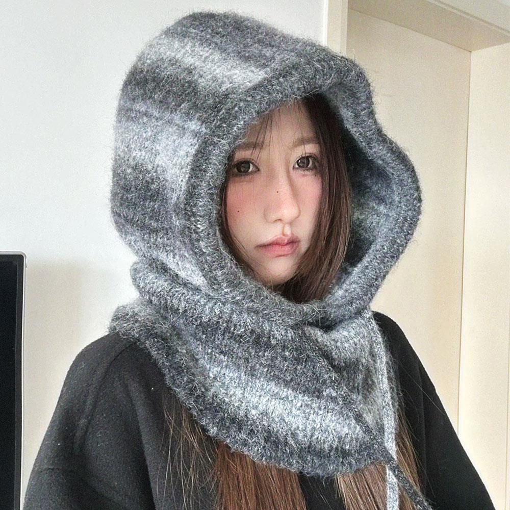 Korean Wool Knitted Balaclava Cap Women Striped Tie-dye Knit Hat Ear Neck Protect One-Piece Scarf Hat Women's Head Hood Bonnet