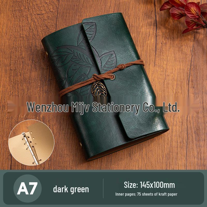 Retro A6 Leather Cover Notebook: Japanese Korean Style Planner & Travel Diary with Leaf Design and Strap.