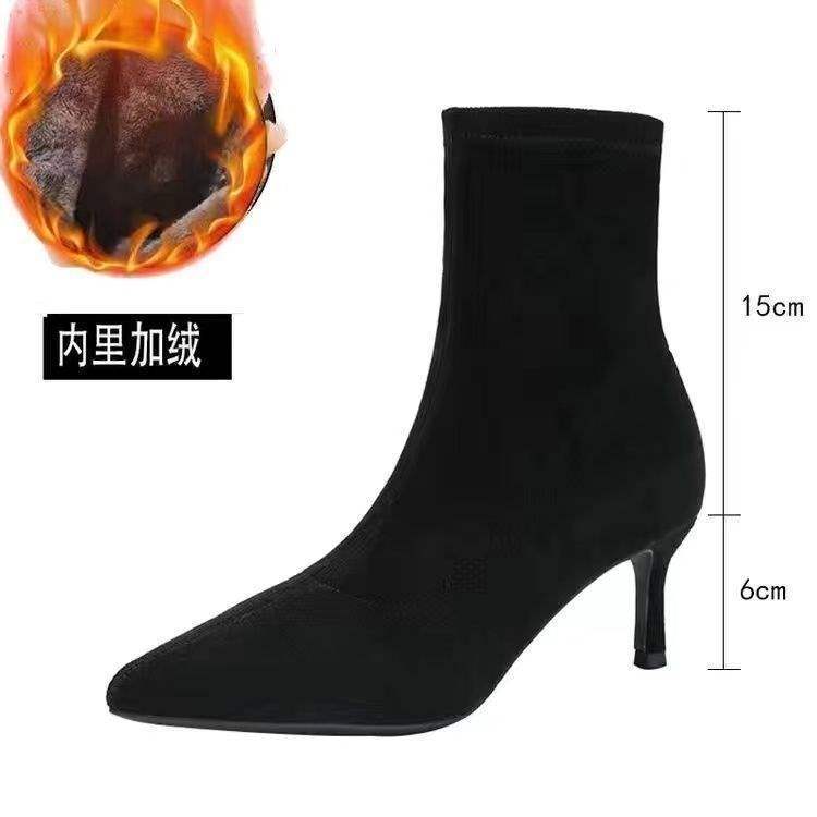 Leather 2025 autumn and winter pointed toe thin heel short boots women's black suede high heel socks boots bare boots Internet celebrity elastic