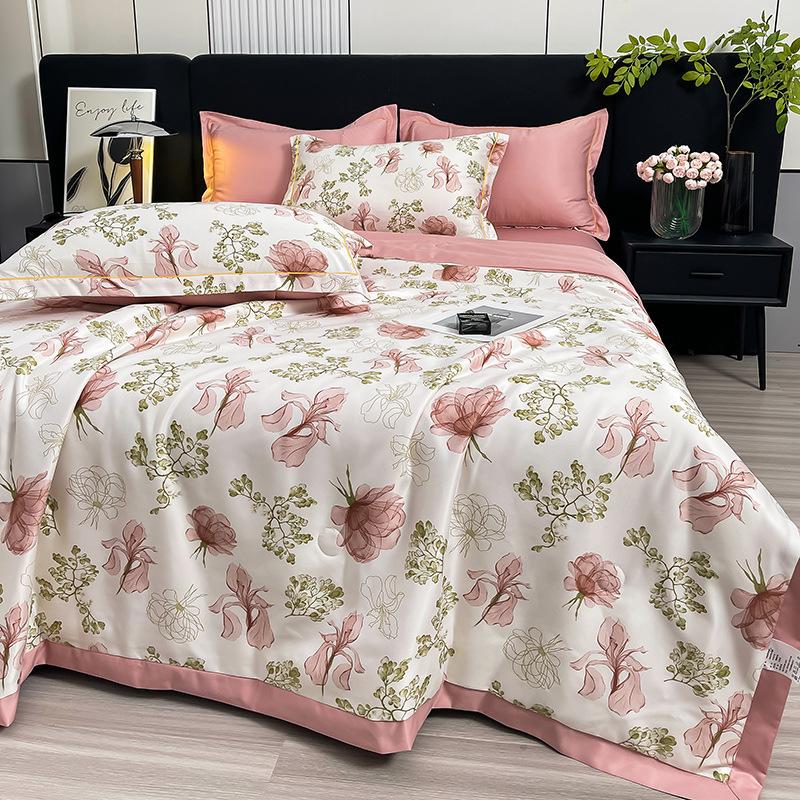 Summer Cool Tencel Quilt Set 4 Piece Includes Summer Blanket Bed Sheet Two Pillowcases Silk Lightweight Quilt For Double Twin Size