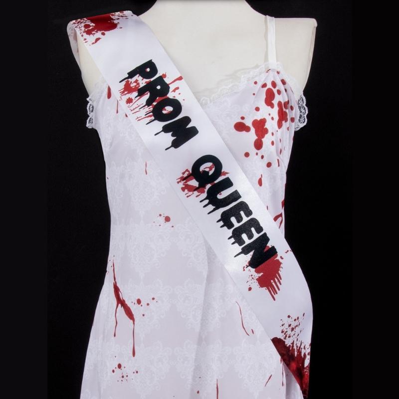 Halloween Abschlussballkönigin Kostüm Blutiges Nachthemd Kleid Abschlussballkönigin Schärpe Kronen Stirnband Cosplay Verkleidungsparty Zubehör