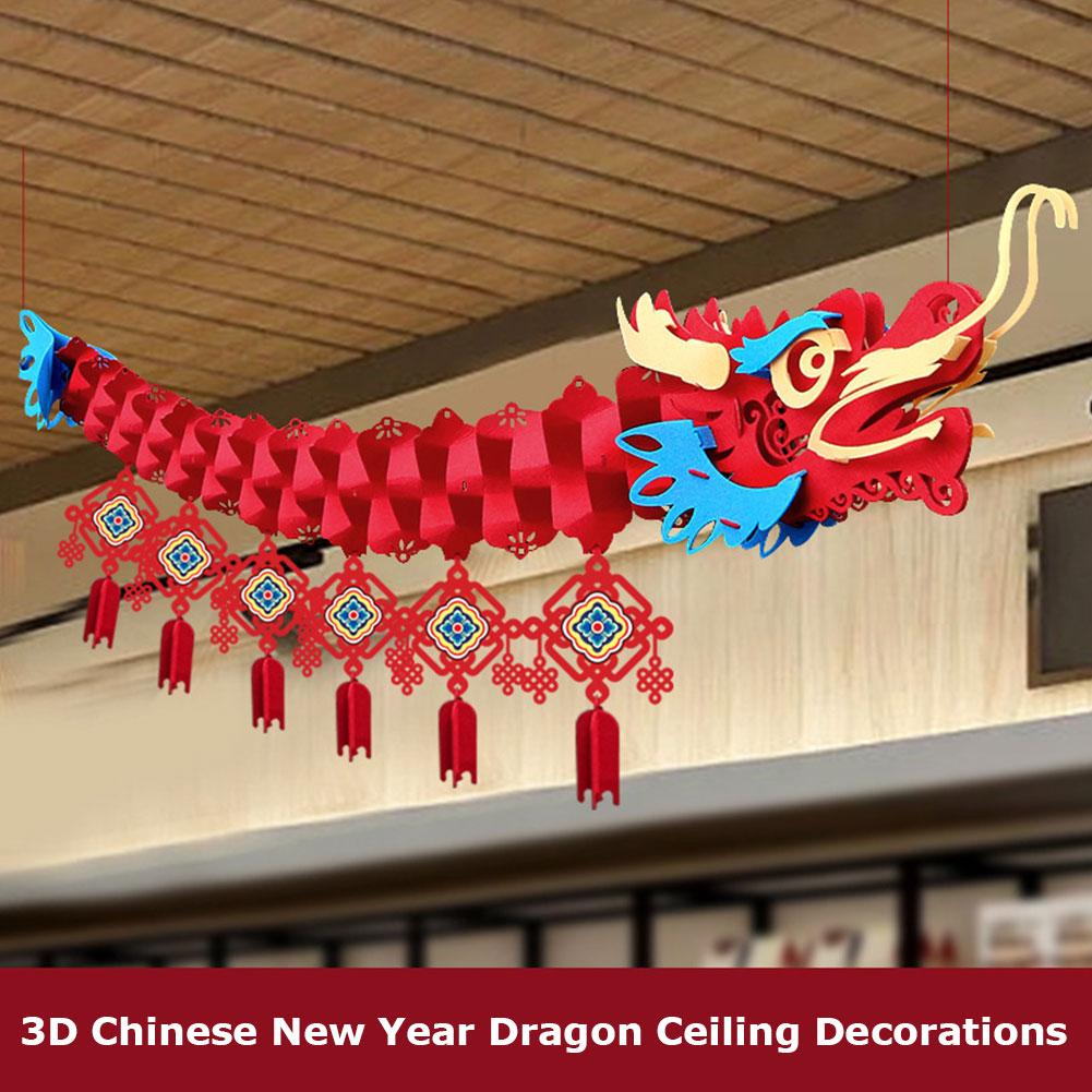 3D Gold Chinese Dragon New Year Atmosphere Decoration With Paper Lanterns Home & Restaurant Festive Party Floating Decoration
