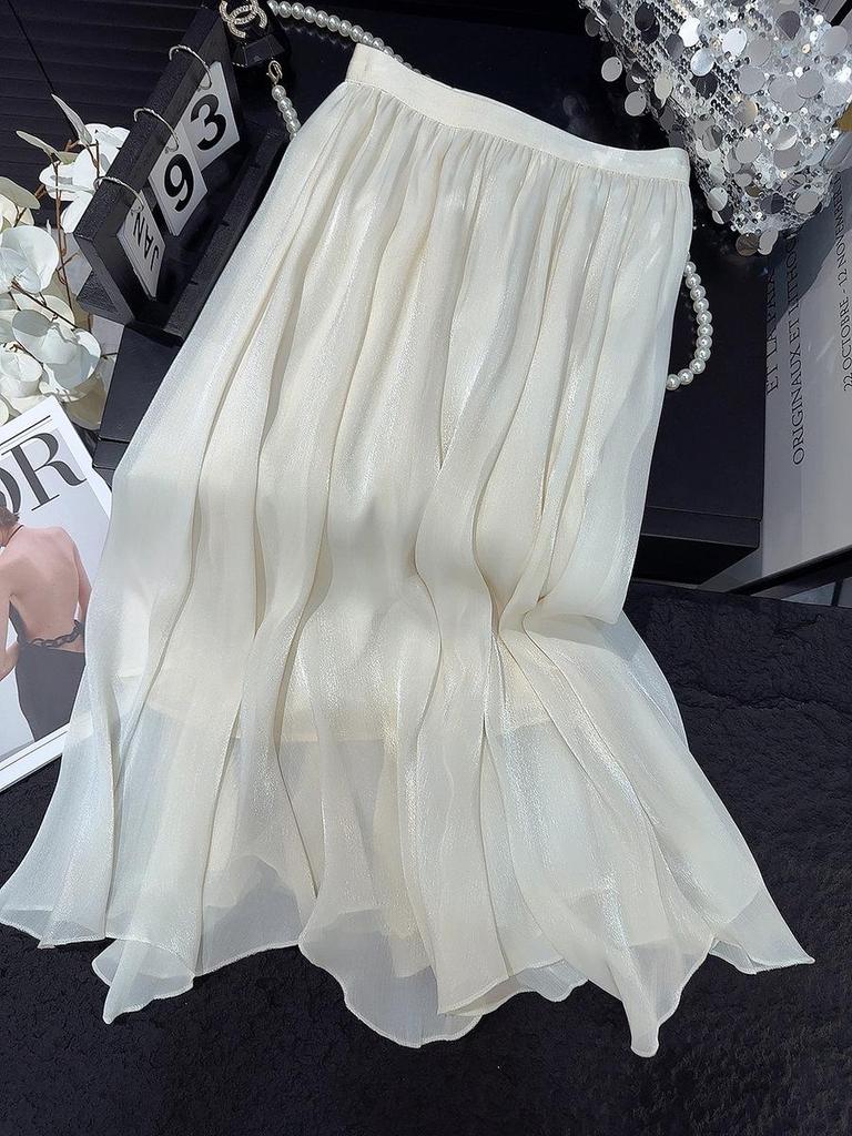 Elegant High-Waisted Chiffon A-Line Skirt - Slimming, Flowing, and Lightweight Summer Mesh.