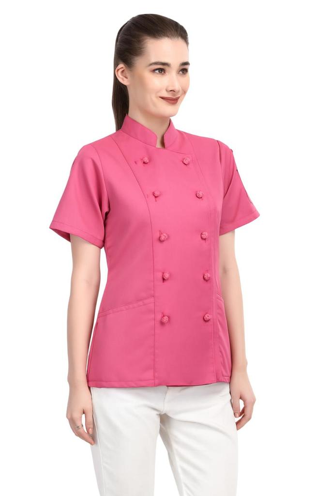 Womens Short Sleeve Chef Coat, Custom Embroidered Culinary Jacket, Knotted Cloth Buttons, Flattering Fit Uniform, Kitchen Gift