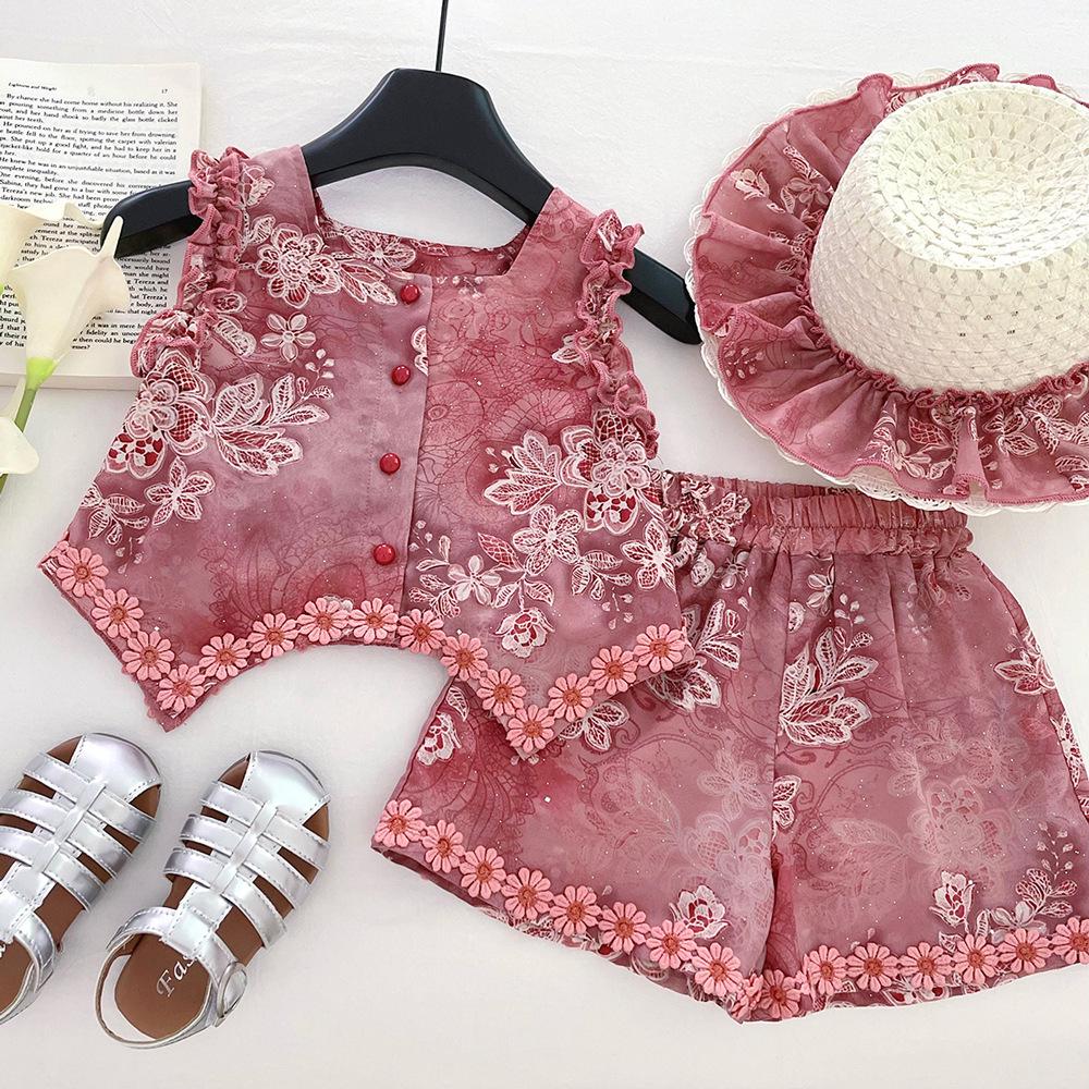

2025 Girls Summer Floral Cutout Top & Bow Shorts Set 140cm