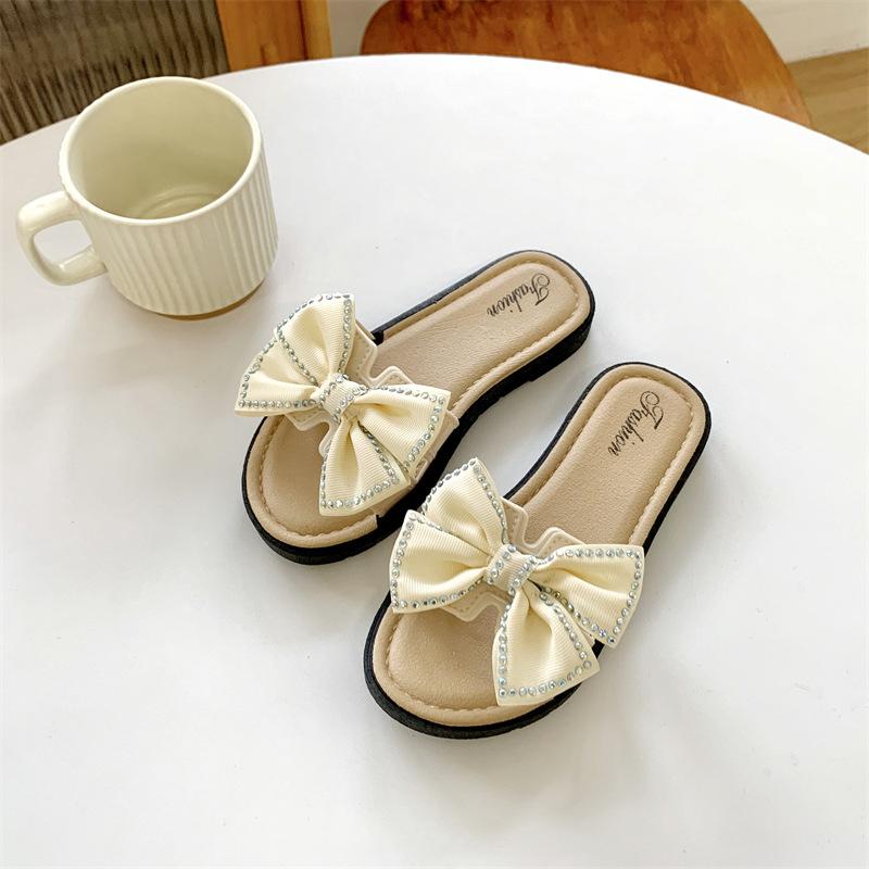 

New Bow Flats Open Toe Slide Sandals Non-slip Flip Flops Children Home Slippers Kids Girls Summer Cute Beach Slippers Shoe 36