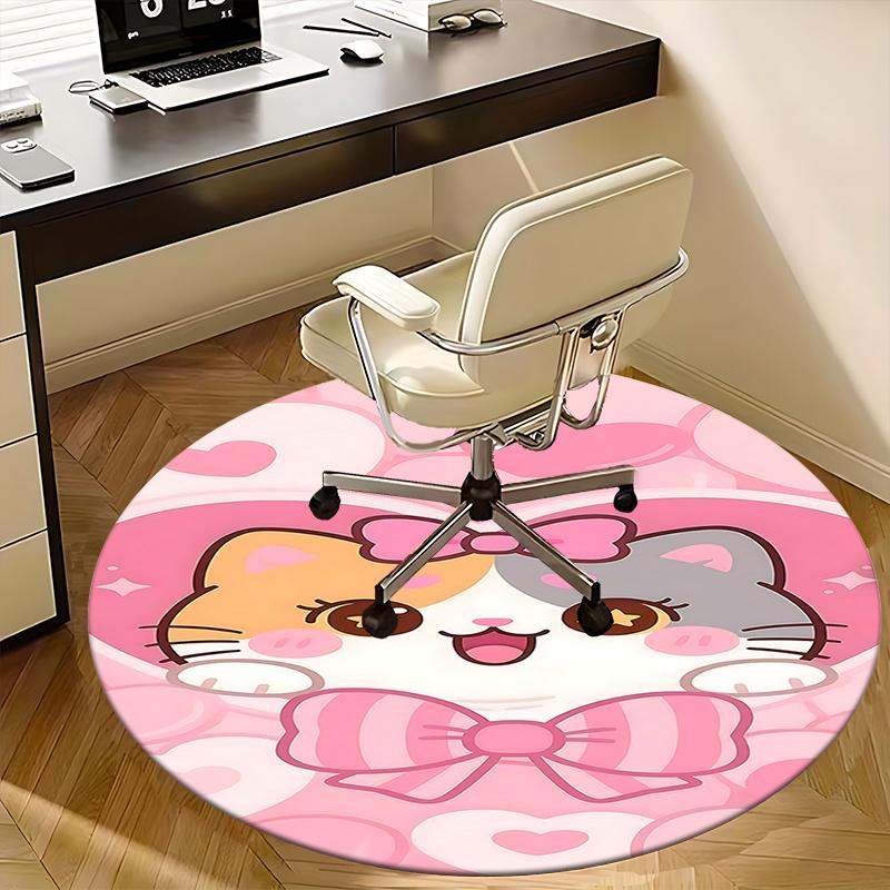 Cute Cat Round Chair Mat - Pink Heart Decorative Rug for Home Office