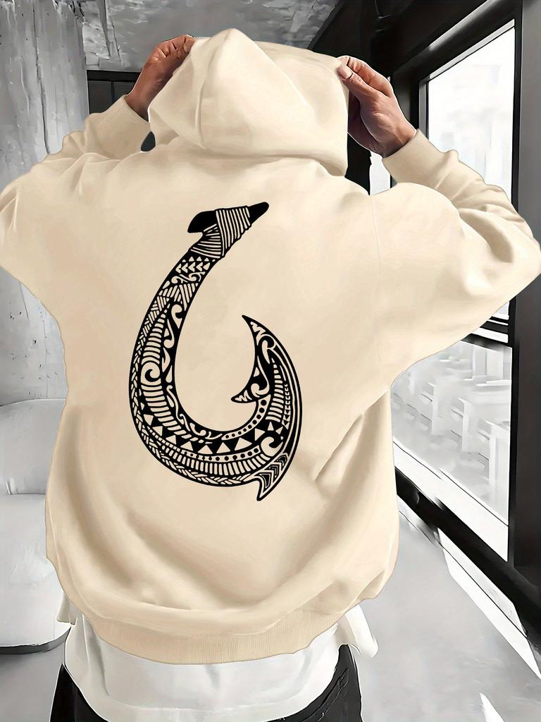 Men's Fashion Hoodie with High-Definition Maori Fishhook Pattern on the Back; Suitable for Casual Street Wear; Outdoor Loose-Fitting Warm Sports Shirt