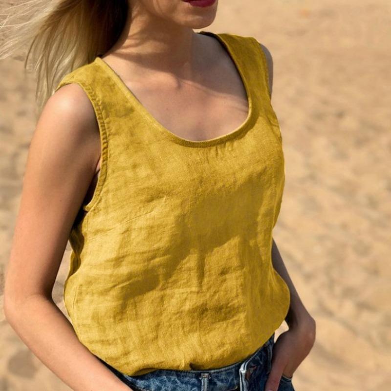 Women's Loose Casual Cotton and Linen Summer Solid Colour Round Neck Tank Top
