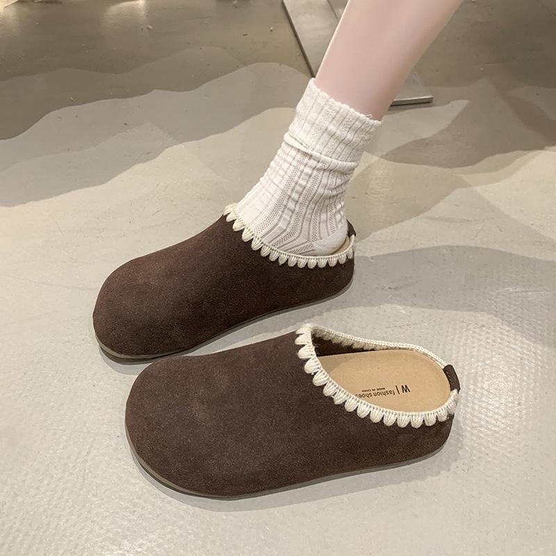 Lace Thick-soled Outer Wear Velvet Cotton Slippers 2025 Autumn New Casual One-pedal Lazy Bag Head Half Slippers