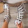 Hollow Geometric Metal Buckle Back Zipper Breathable and Cool Flat Shoes Fashionable, Comfortable, Elegant and Versatile Women's