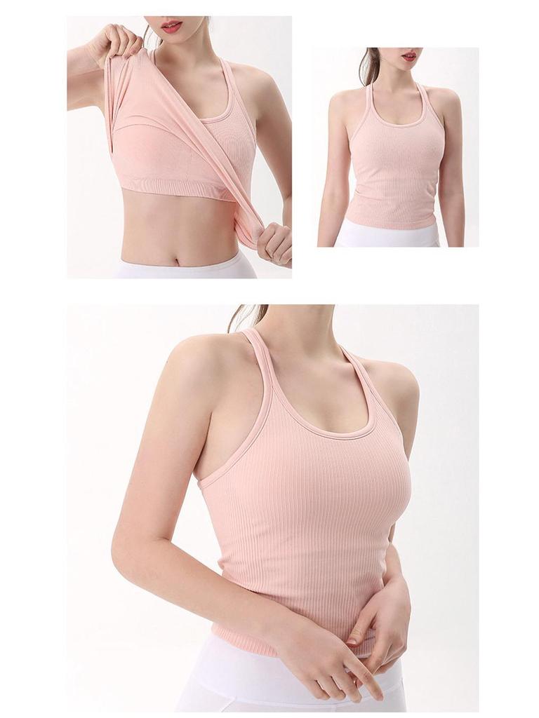 Women's Ribbed Quick-Dry Racerback Sports Tank with Padded Cups for Running and Yoga