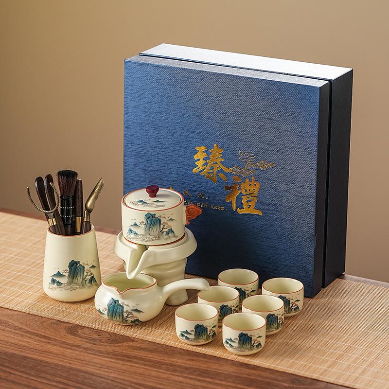 Automatic tea making artifact, high-end lazy tea set, home enterprise gift Ru kiln splendid mountains and rivers