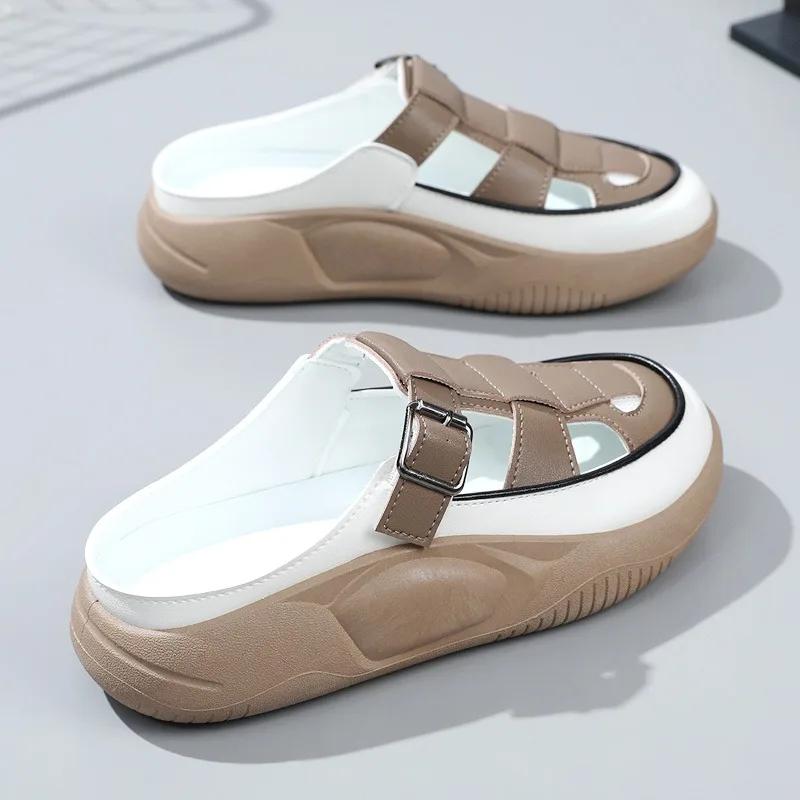 Fashion 2024 Summer Thick Sole Increased Buckle Design Women's Slippers Fashionable Casual Hollow Breathable Baotou Slippers for Women