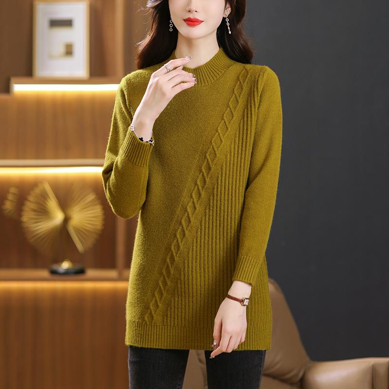 Pull d'automne pour femmes, couleur unie, ample, mi-long, col montant, tricoté uni, pull de base