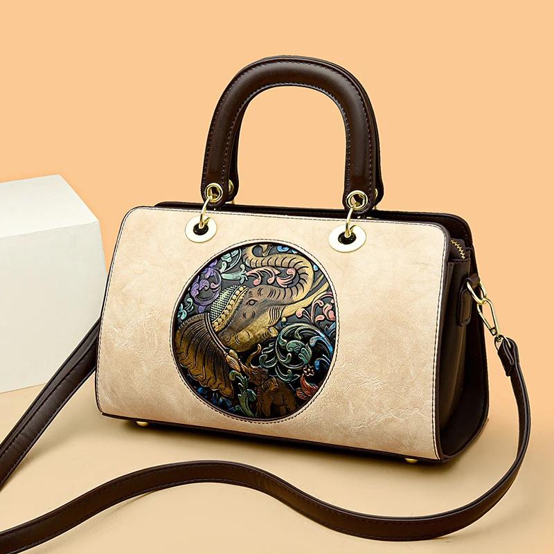 Retro Chinesische Damenhandtasche Neues Luxusmaterial PU Traditionelles Reliefhandwerk Elefantenmuster Damen-Umhängetasche