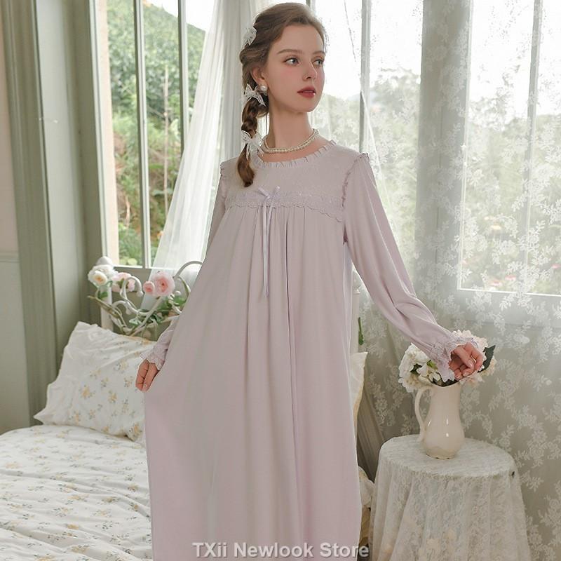 Court-style Princess Sleepwear for Women, Winter and Autumn, French Sweet and Cute Lace with Flowers and Frills, Loose Nightwear