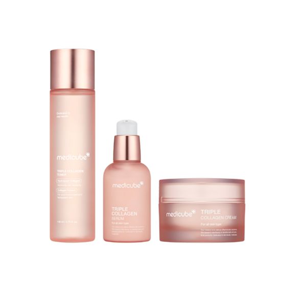 MediCube Triple Collagen 4.0 Skincare Set (Collagen Toner 140ml + Collagen Serum 55ml + Collagen Cream 50ml) + Collagen Mask 5pcs Gift