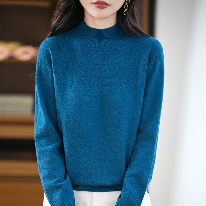 A New Style of Women's Autumn and Winter Hollowed-out Knitted Sweater Paired with A Base Layer A Pullover Long-sleeved and Semi-high-neck Sweater