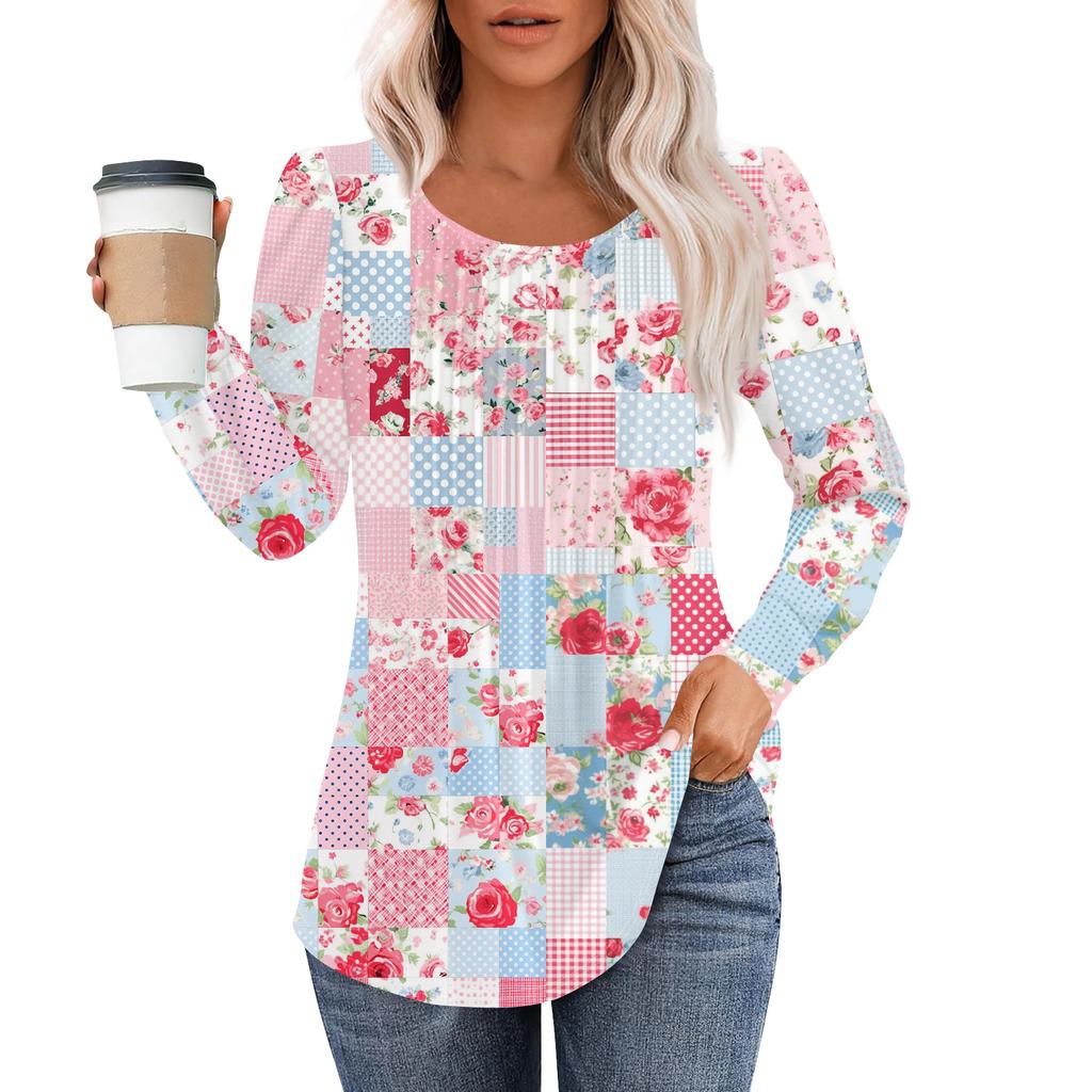 Damenmode Lässig Plissiert Rundhals Vintage Blumendruck Langarm T-Shirt Top