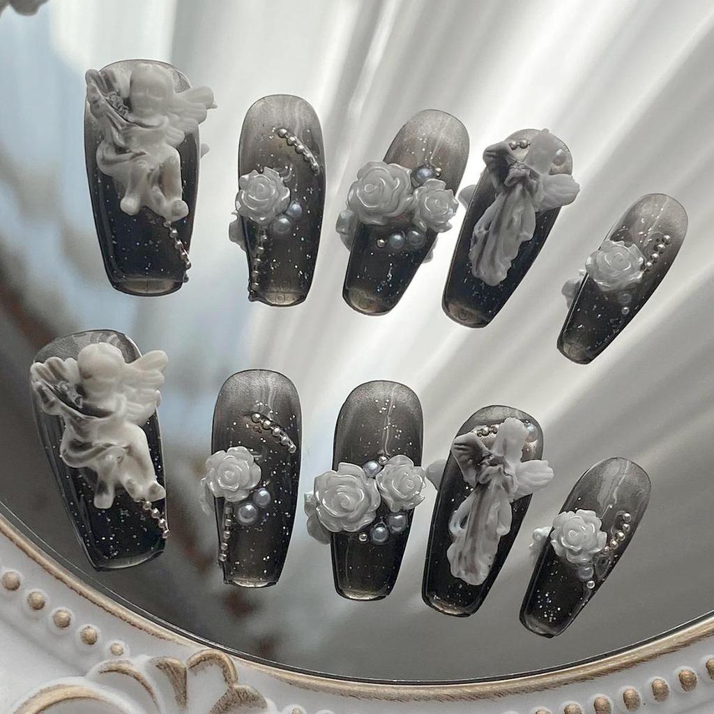 Handmade Black Plaster Angel Camellia Dark Nail Art Patches